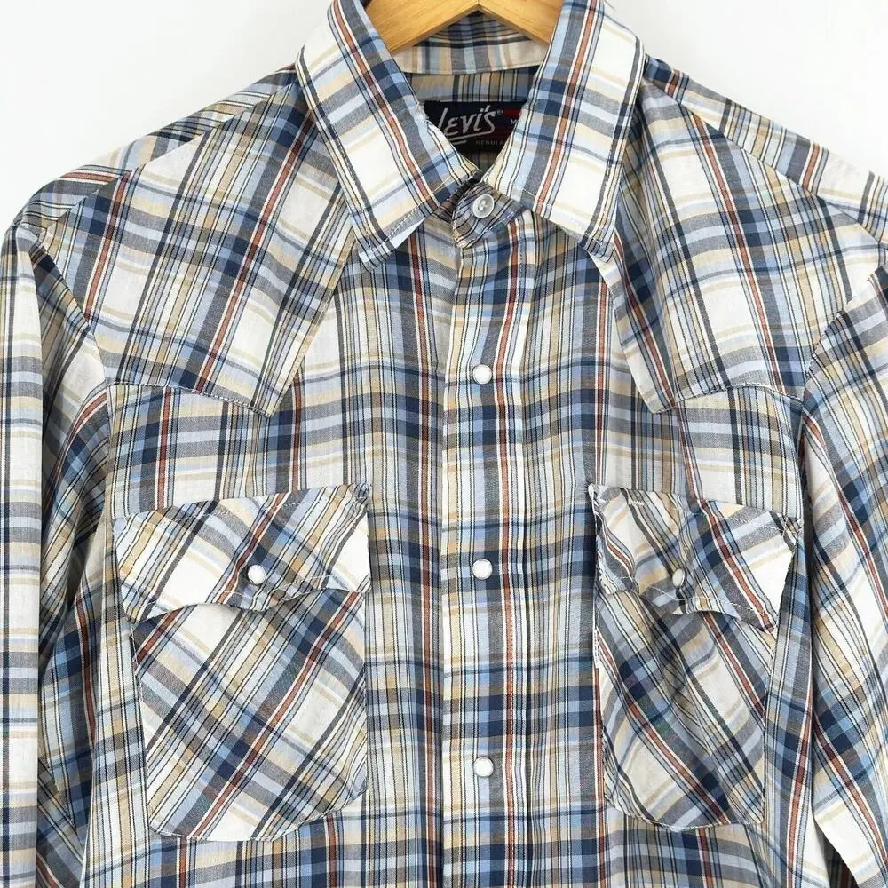 VTG‎ Levi's Men Western Pearl Snap Shirt Medium Plaid Cowboy Ranch Rodeo Retro